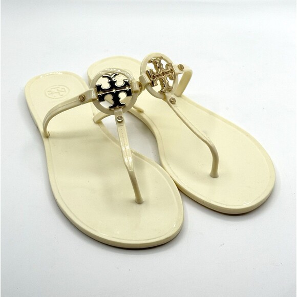 Tory Burch Mini Miller Jelly sandals Cream and Gold Flat Logo Slide 11 Women’s - Picture 1 of 5